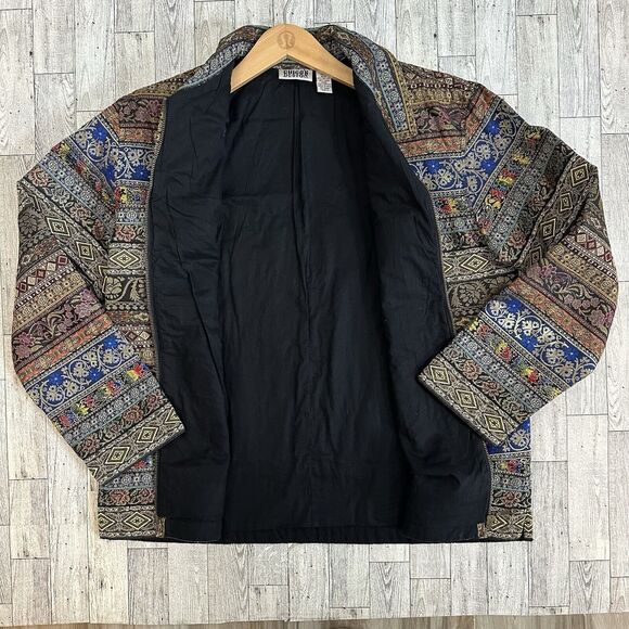 Chicos Design Jacket 2/L Patchwork‎ Ribbon Striped Metallic Tapestry Art to Wear - Picture 3 of 9